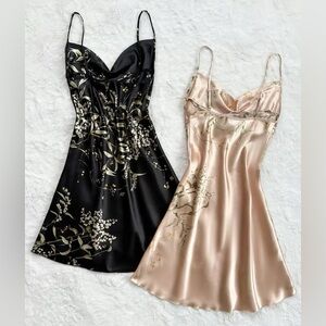 Satin Floral Slip Chemise - Black & Champagne
